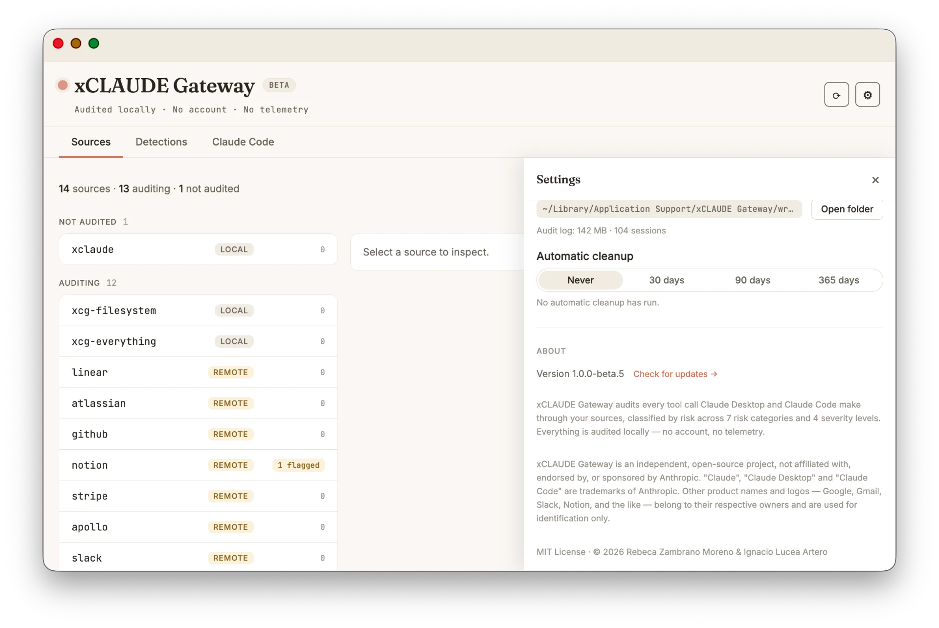 Settings panel showing audit log retention options