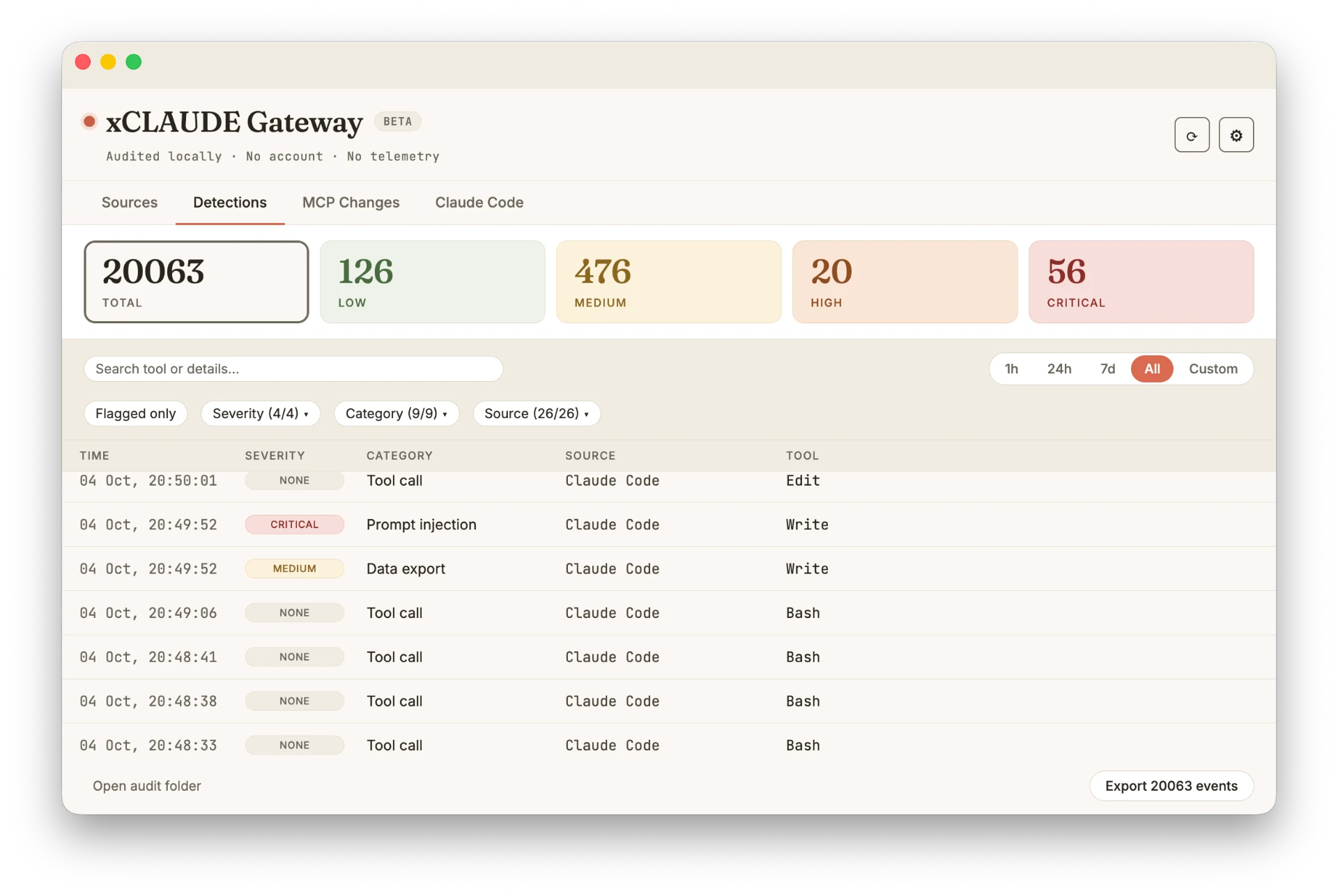 xCLAUDE Gateway — Detections view