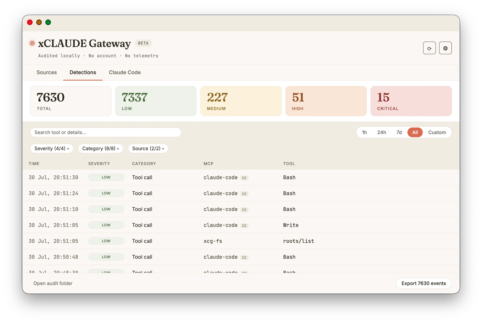 Detections view in the xCLAUDE Gateway dashboard