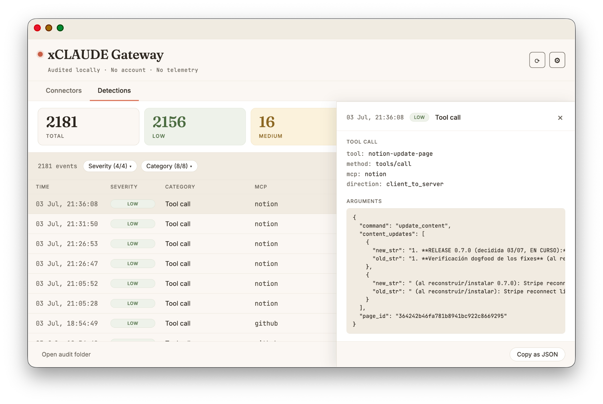 xCLAUDE Gateway — Detection detail