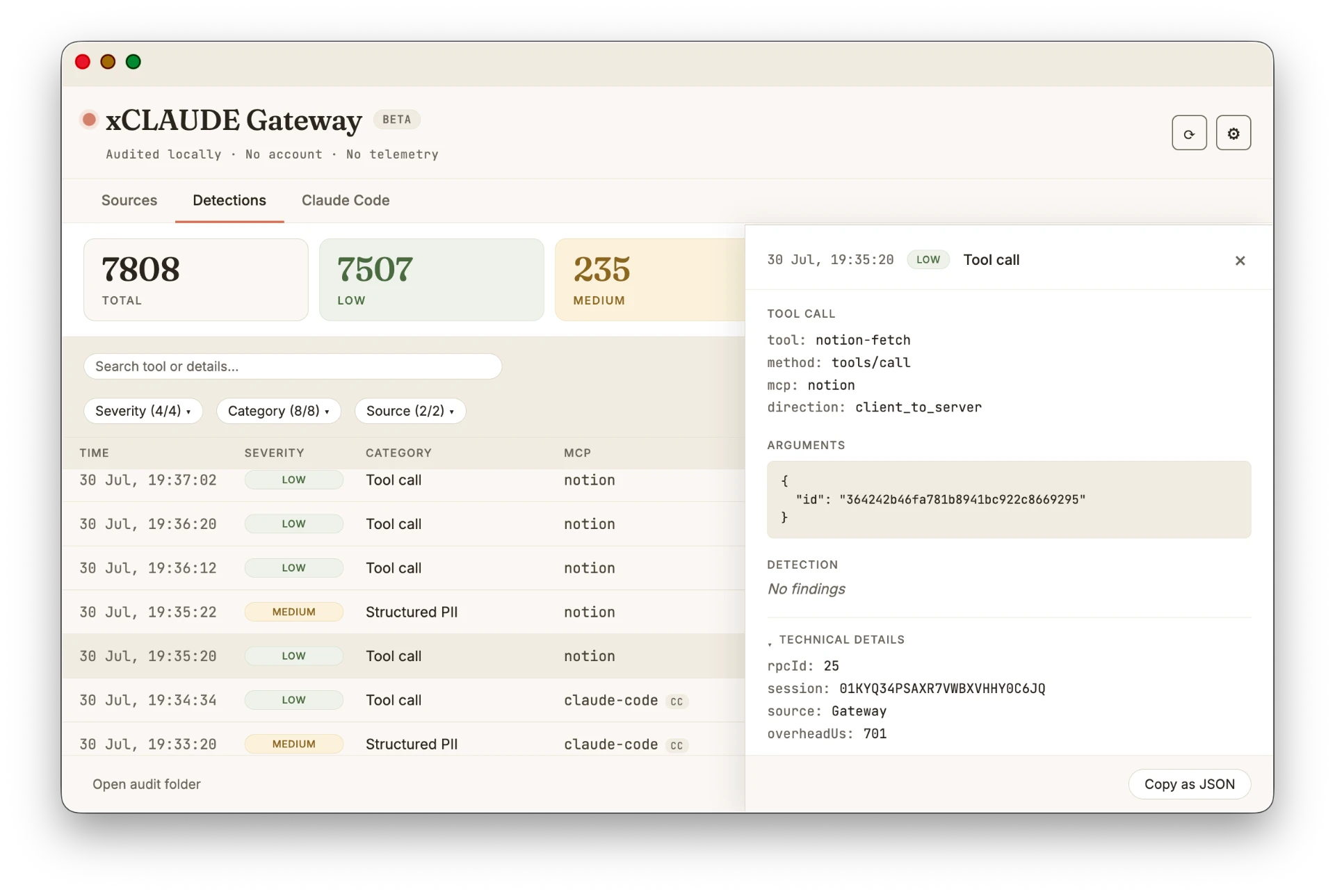 xCLAUDE Gateway — Detection detail