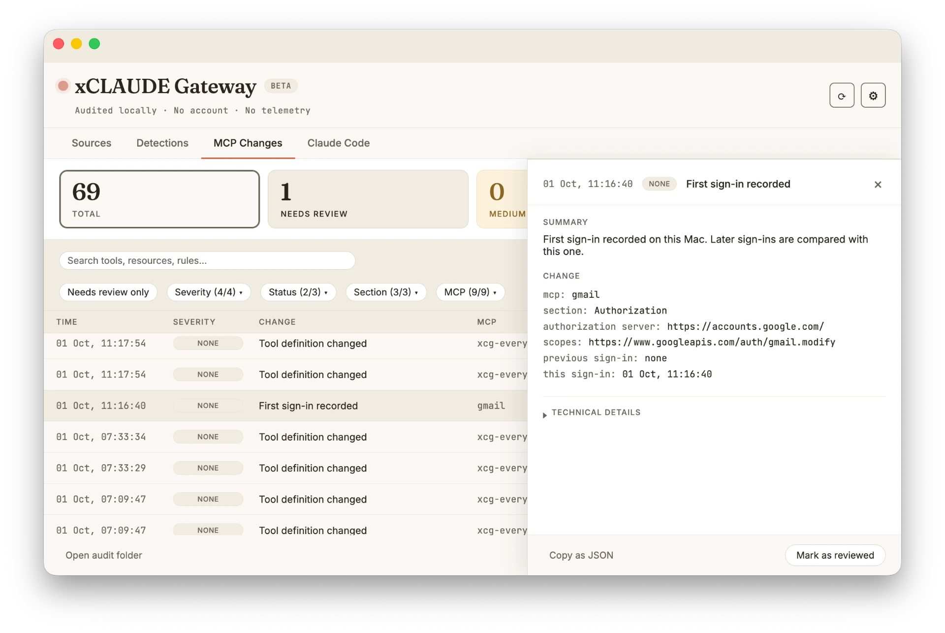 xCLAUDE Gateway — OAuth sign-in recorded in MCP Changes