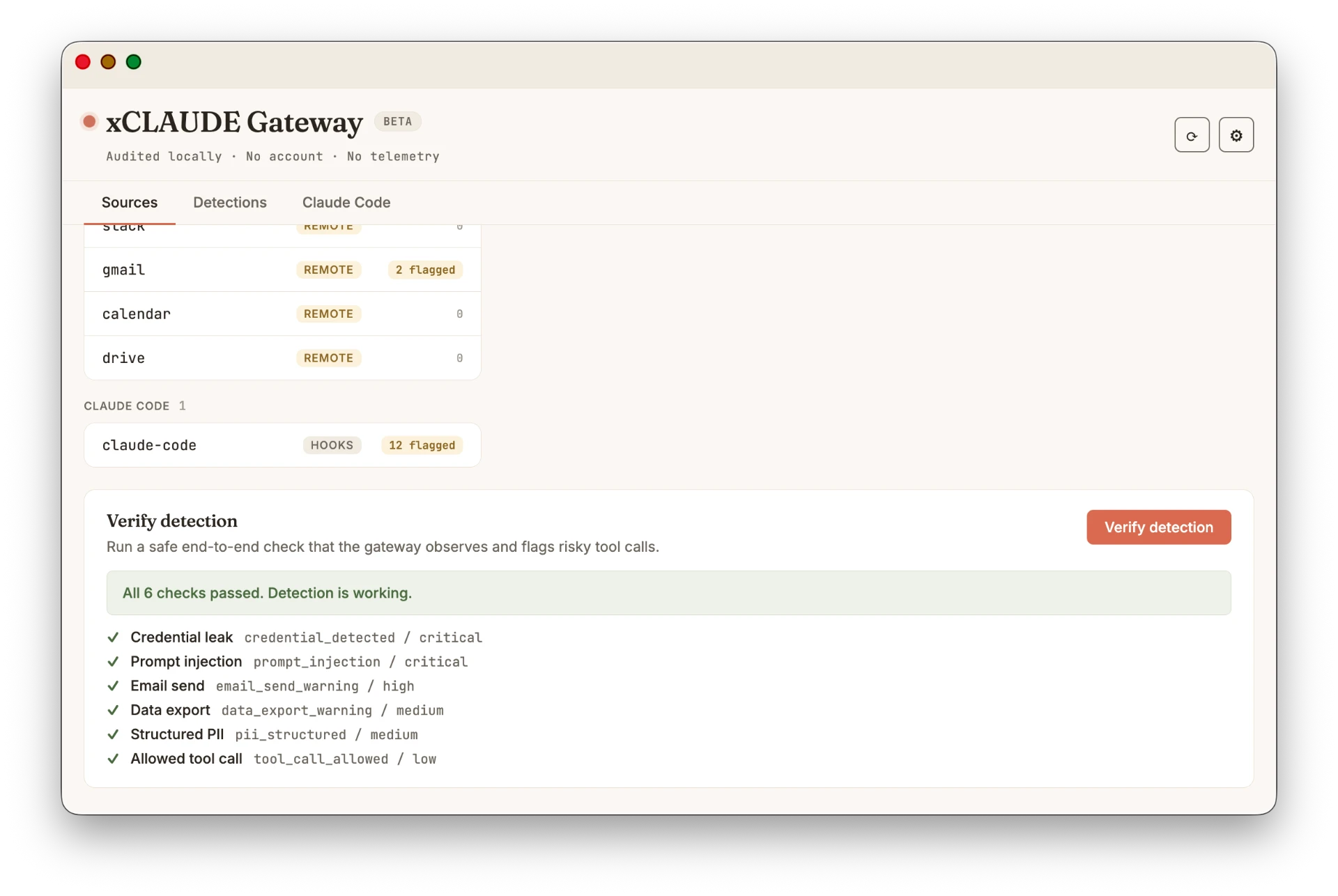 Verify detection panel showing all 6 checks passed