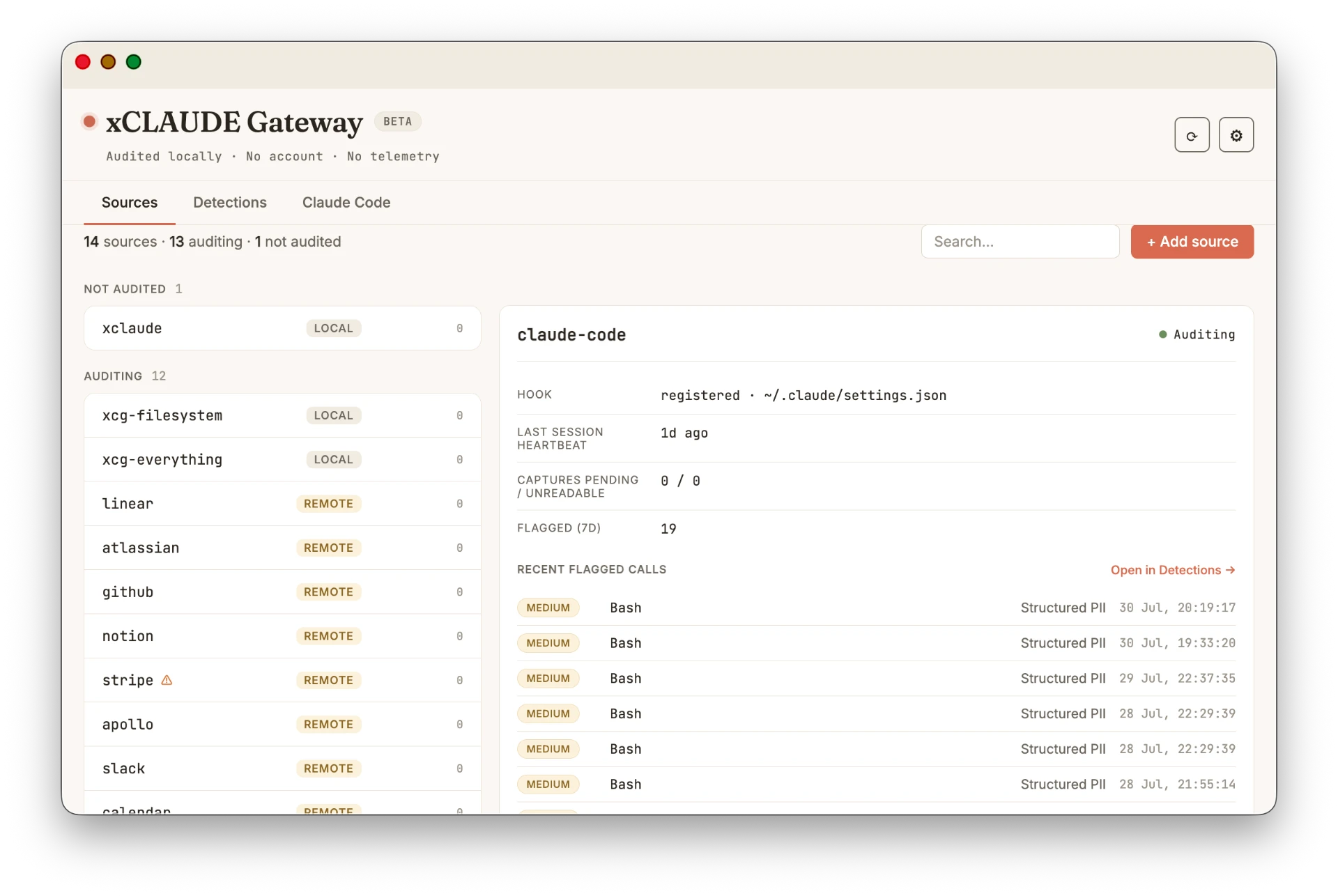 xCLAUDE Gateway — Sources view